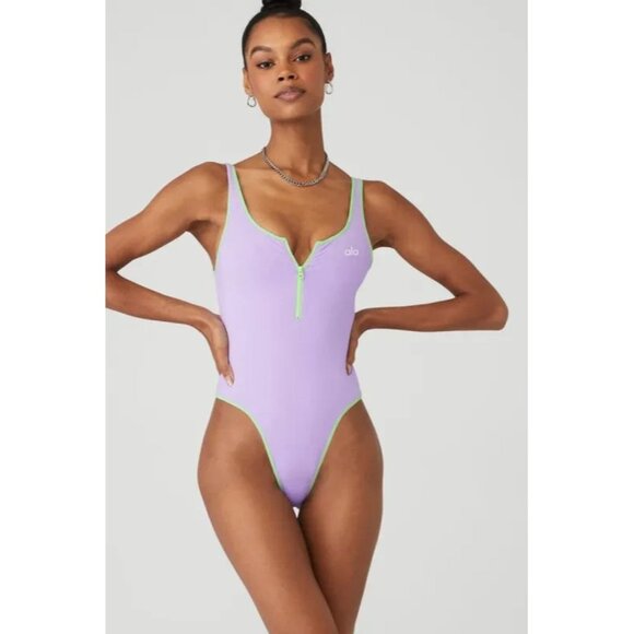 Alo Yoga Supernova Purple Thong Bodysuit Green Trim Zipper - Picture 1 of 8